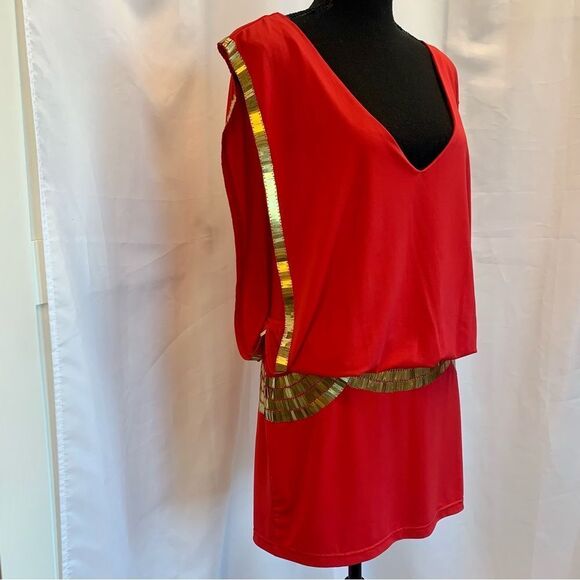 Bebe coral red gold sequin open sleeve V-neck mini dress Sz S - Picture 6 of 16